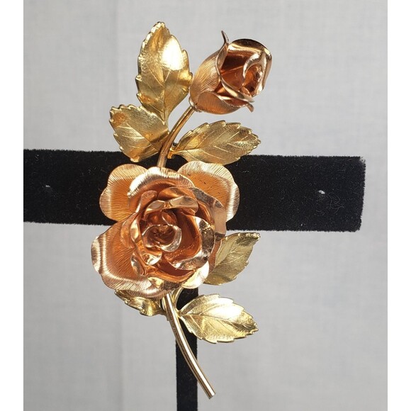 Vtg 1940's Krementz Signed Two Tone Gold Filled Rose Roses Brooch Pin 2.25" long - Picture 5 of 15